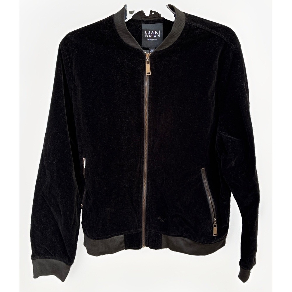 Boo Hoo Man Men's Black Velour Plush Bomber Zip -Up Jacket Sz 2XL NWT Big & Tall